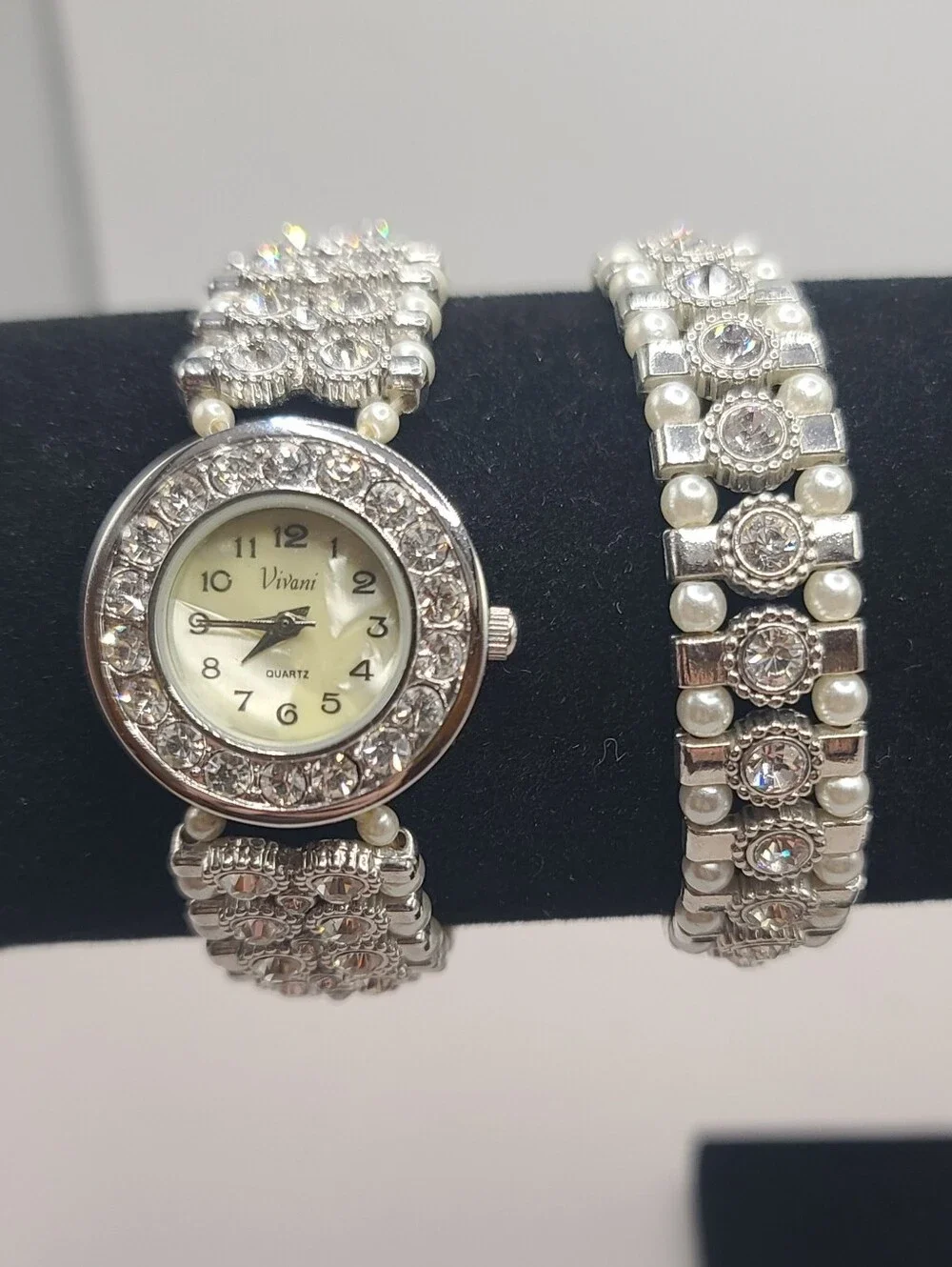 Vivani Faux Pearl Rhinestone Stretch Bracelet & Watch